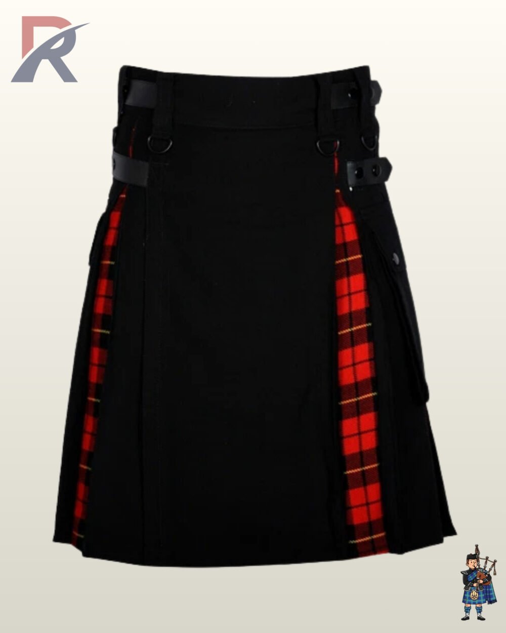 Front view of a men's black utility kilt featuring vibrant red Royal Stewart tartan inner pleats.