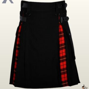 Front view of a men's black utility kilt featuring vibrant red Royal Stewart tartan inner pleats.