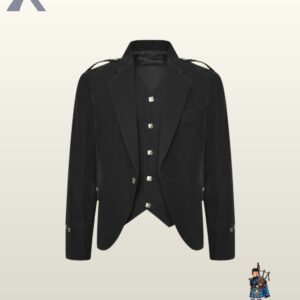 Formal Scottish men's black velvet Argyle jacket set featuring gauntlet sleeve cuffs and square silver buttons.