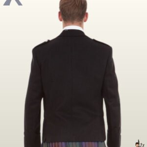 Rear view of a men's black wool Argyle kilt jacket displaying flat shoulder epaulets and clean tailored back seams.