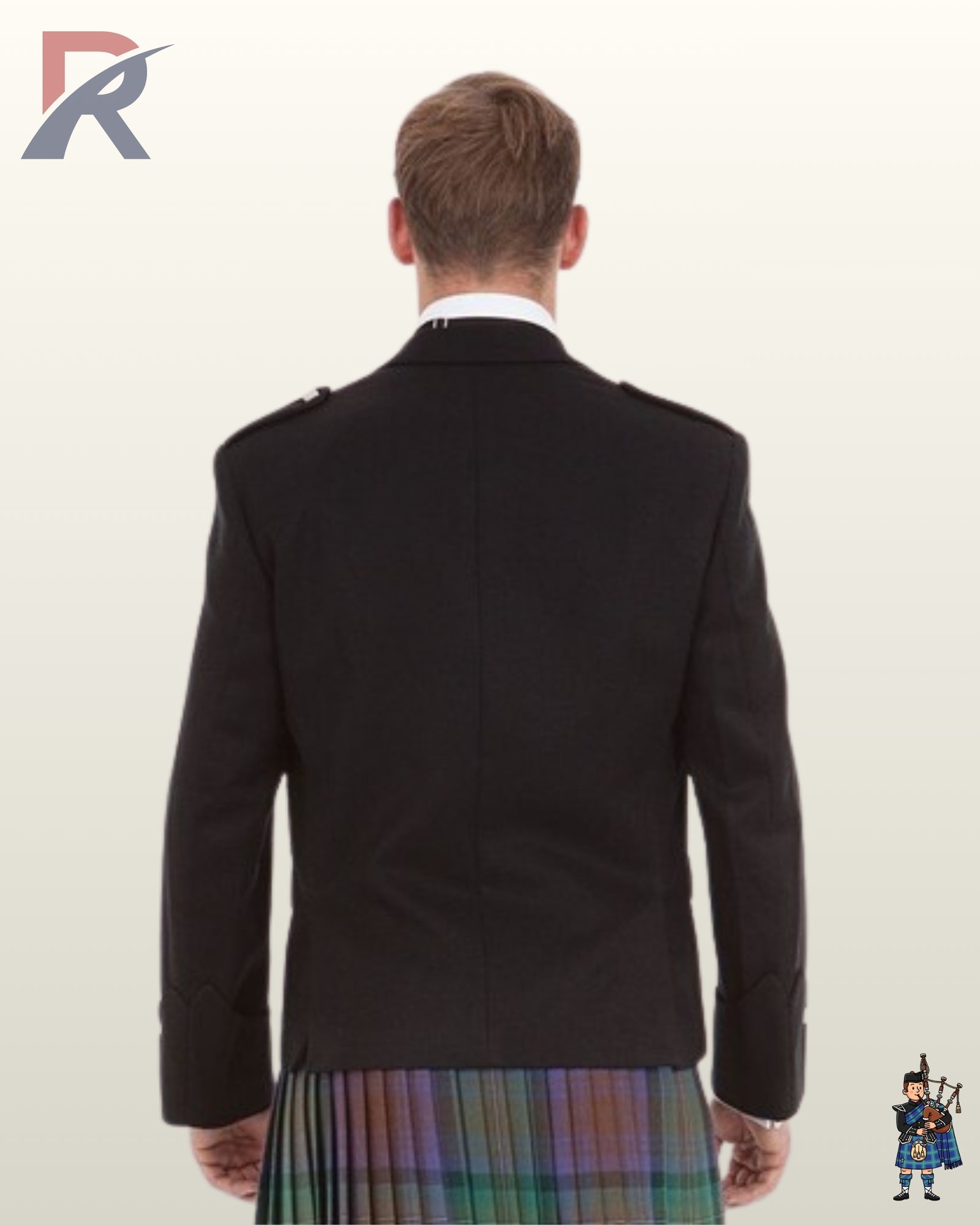 Rear view of a men's black wool Argyle kilt jacket displaying flat shoulder epaulets and clean tailored back seams.