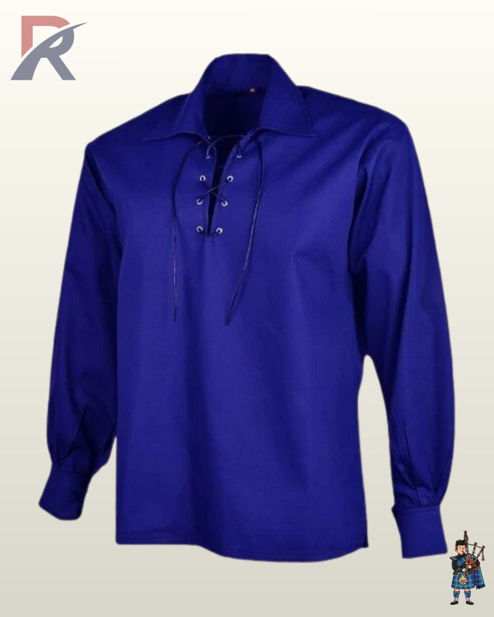 Men's blue traditional Scottish highland ghillie kilt shirt featuring loose-fitting long sleeves and a collar.