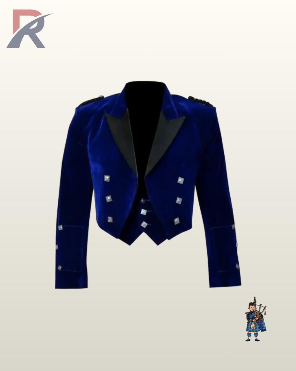 Formal Scottish men's dark blue velvet Prince Charlie jacket set featuring gauntlet cuffs and a 3-button low-cut vest.
