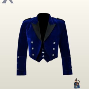 Formal Scottish men's dark blue velvet Prince Charlie jacket set featuring gauntlet cuffs and a 3-button low-cut vest.