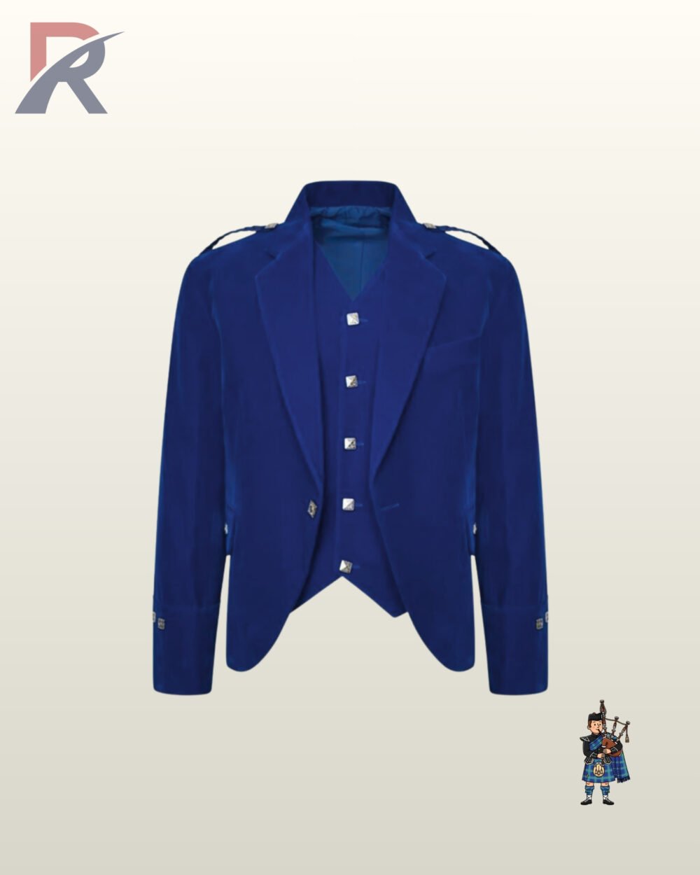 Formal men's royal blue velvet Argyle highland jacket set detailing braided shoulder cords and square silver hardware.