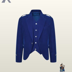 Formal men's royal blue velvet Argyle highland jacket set detailing braided shoulder cords and square silver hardware.