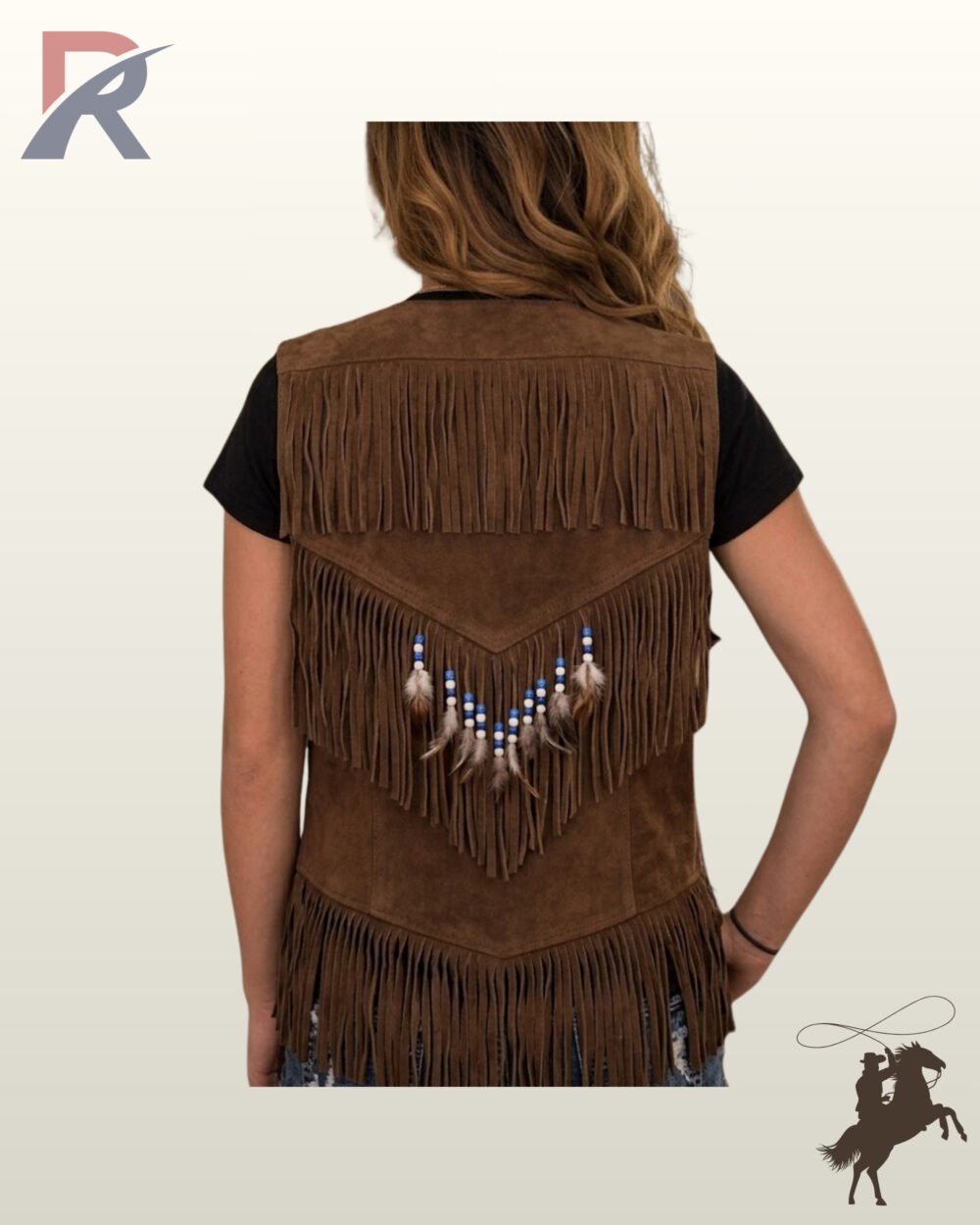 Back perspective of a women's native western style brown suede vest with V-shaped fringed yokes and hanging beaded feather details.