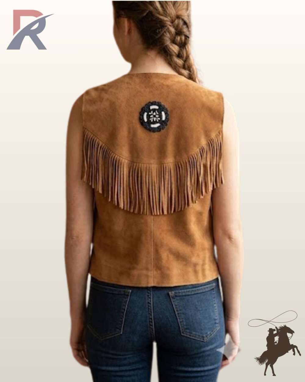 Rear view of a model wearing a tan suede leather western vest with a curved fringed back yoke and a central black and white beaded rosette medallion.