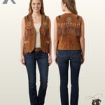 Side-by-side front and rear view of a model wearing a women's tan suede leather western fringe vest with tribal beaded rosettes and bone pipes.