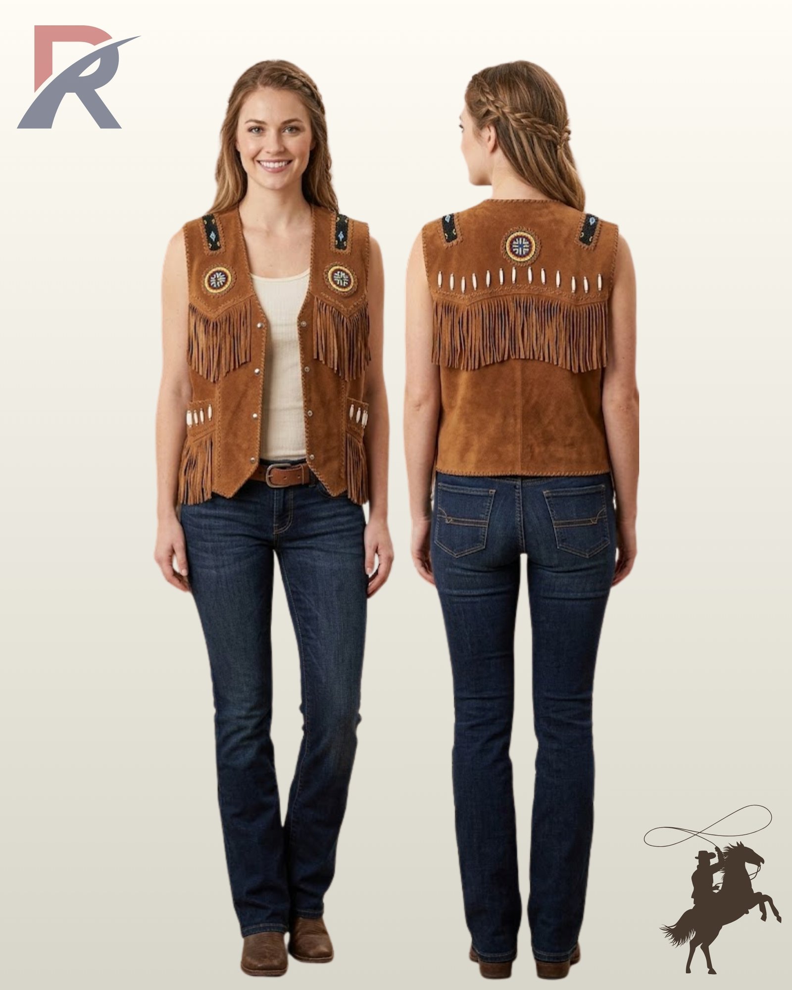 Side-by-side front and rear view of a model wearing a women's tan suede leather western fringe vest with tribal beaded rosettes and bone pipes.