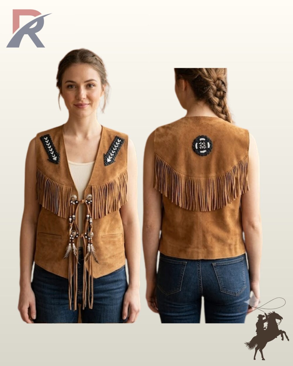 Full catalog display showing the front and back details of a handcrafted tan suede western vest featuring chest fringe, concho closures, and a rear beaded medallion.