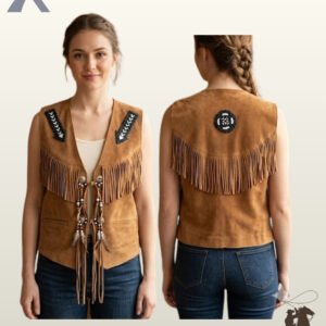 Full catalog display showing the front and back details of a handcrafted tan suede western vest featuring chest fringe, concho closures, and a rear beaded medallion.