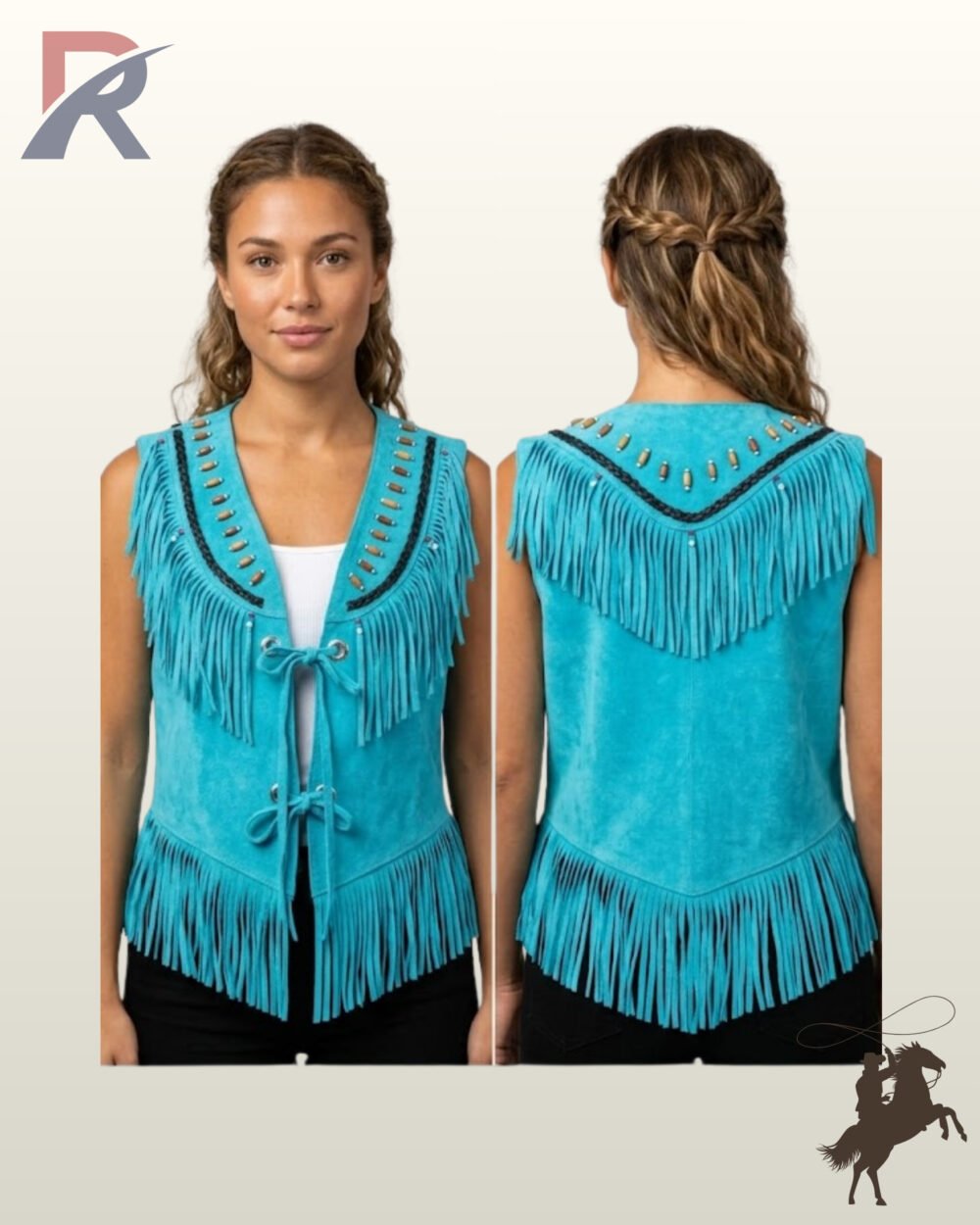 Side-by-side front and rear view of a model wearing a women's turquoise blue suede western vest featuring bone hairpipes, dark braided trim, and dual fringed yokes.