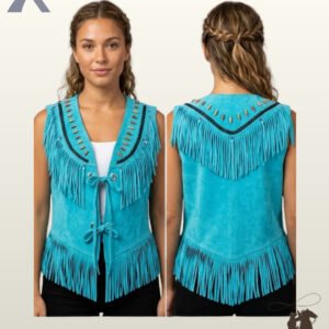 Side-by-side front and rear view of a model wearing a women's turquoise blue suede western vest featuring bone hairpipes, dark braided trim, and dual fringed yokes.