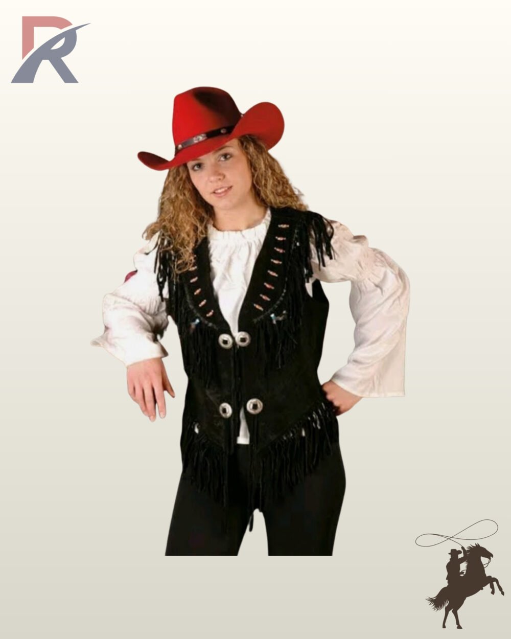 Front view of a model wearing a black suede western fringe vest featuring silver concho tie closures, beaded bone pipe accents, and fringe trim.