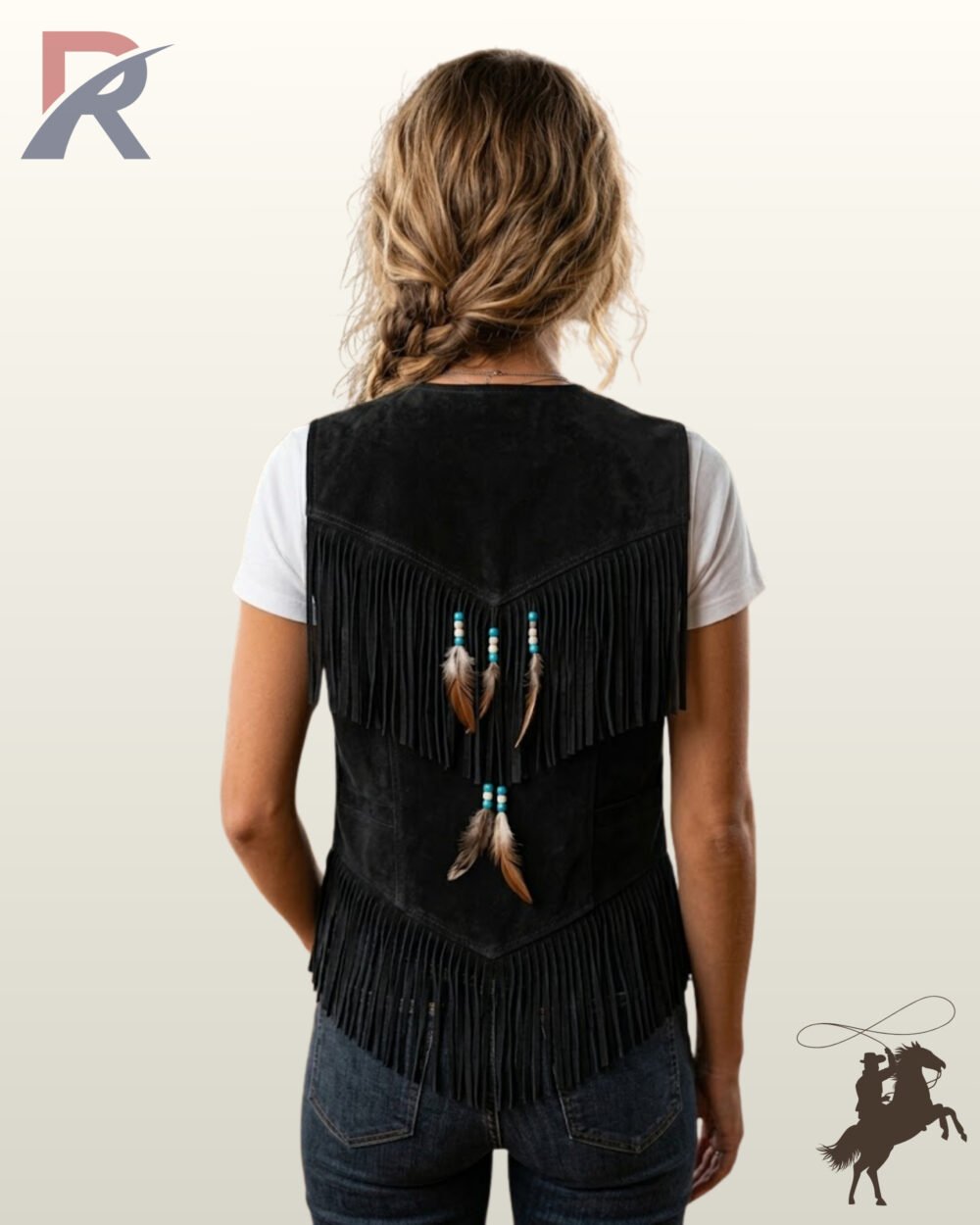 Back perspective of a women's boho western style black suede vest with layered fringed yokes and hanging turquoise bead feather tassels.