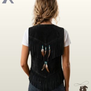 Back perspective of a women's boho western style black suede vest with layered fringed yokes and hanging turquoise bead feather tassels.