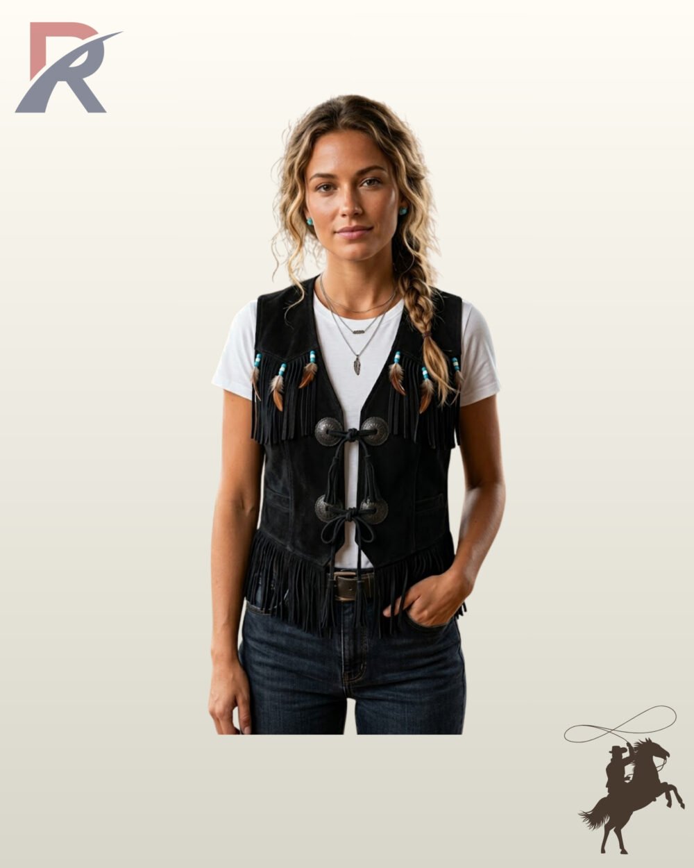 Front view of a model wearing a black suede western fringe vest featuring silver concho ties, turquoise beaded feather trim, and a fringed hem.
