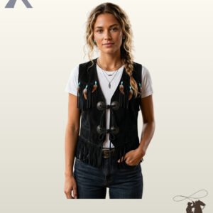 Front view of a model wearing a black suede western fringe vest featuring silver concho ties, turquoise beaded feather trim, and a fringed hem.