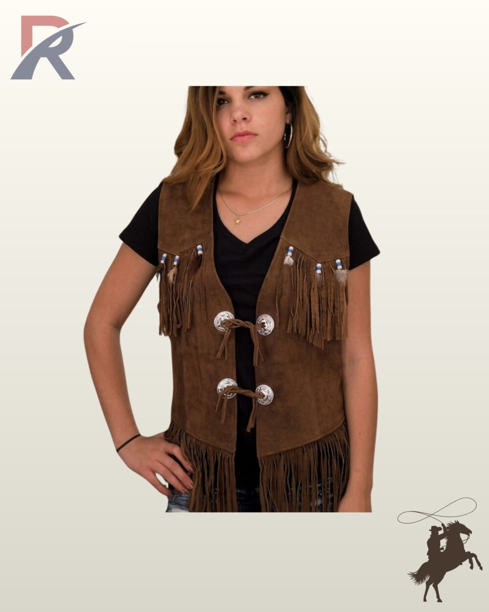 Front view of a model wearing a medium brown suede western vest styled over a black t-shirt, featuring chest fringe, beaded feather accents, and dual silver concho tie closures.