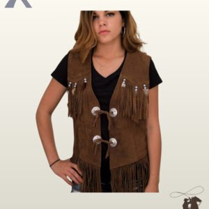 Front view of a model wearing a medium brown suede western vest styled over a black t-shirt, featuring chest fringe, beaded feather accents, and dual silver concho tie closures.