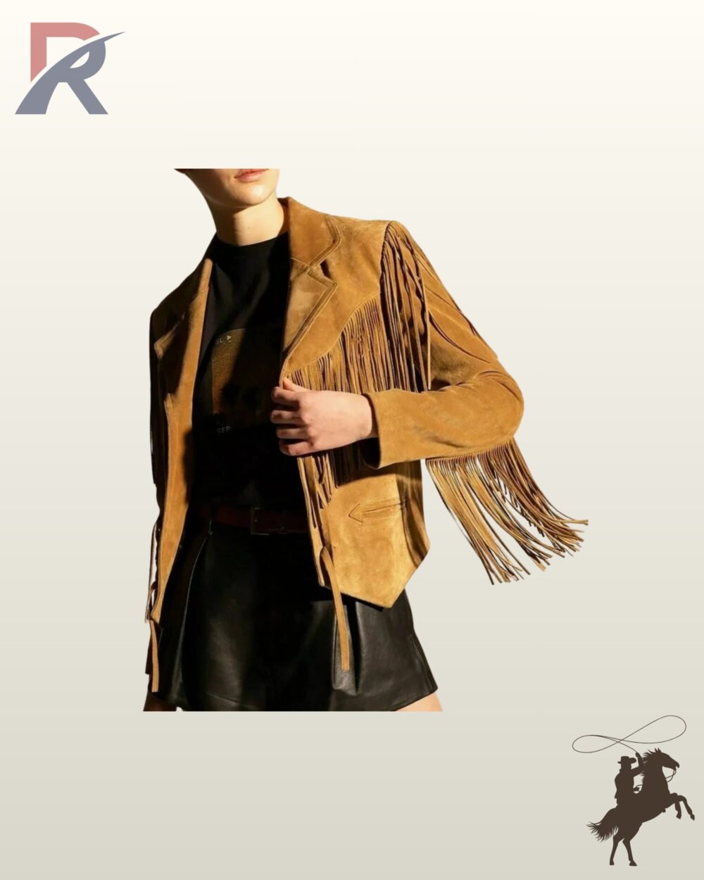 Women's western boho style tan suede leather jacket displaying full-sleeve fringe trim, classic lapels, and decorative leather ties.