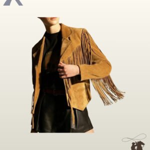 Women's western boho style tan suede leather jacket displaying full-sleeve fringe trim, classic lapels, and decorative leather ties.