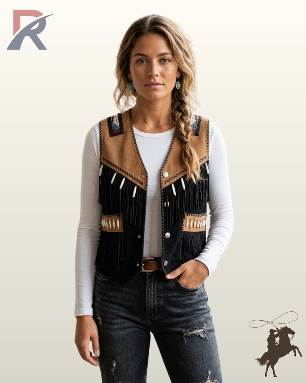 Women's native western style suede vest styled over a white long-sleeve shirt, displaying chest fringe, silver snap buttons, and bone hairpipe embellishments.