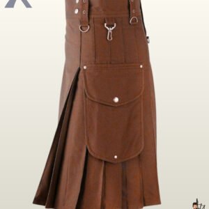 Men's rust brown cotton tactical kilt styled with large side cargo pockets and metal grommets.