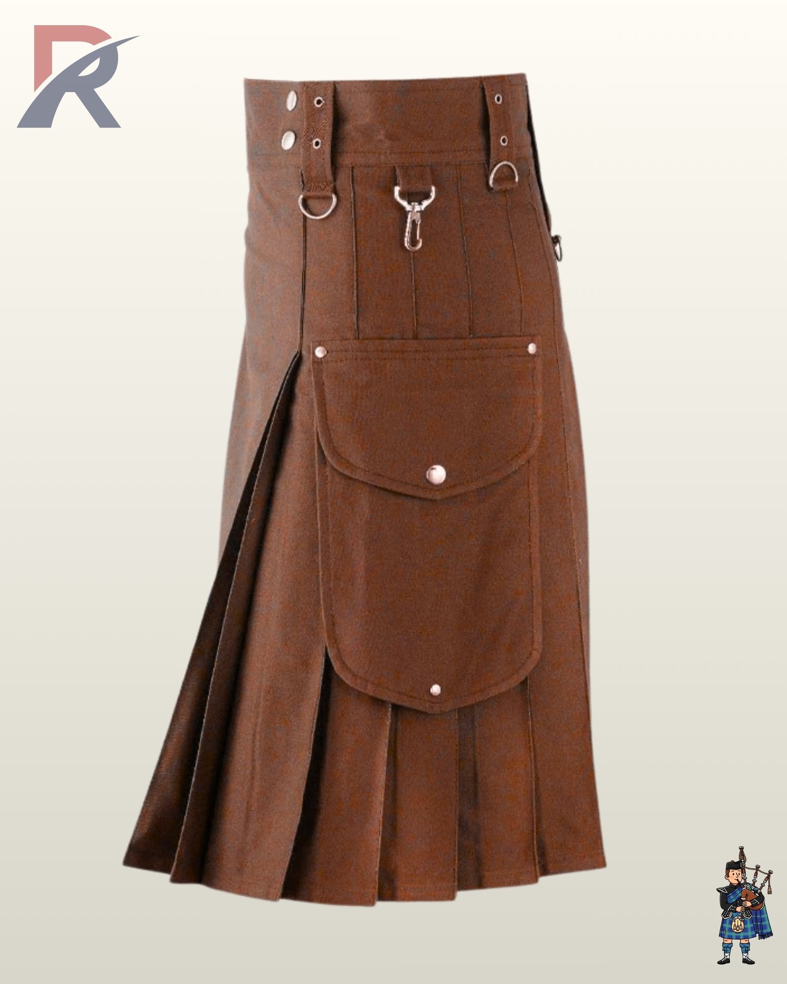 Men's rust brown cotton tactical kilt styled with large side cargo pockets and metal grommets.