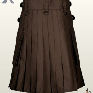 Back profile of a men's chocolate brown work kilt styled with waistband D-rings and side pockets.