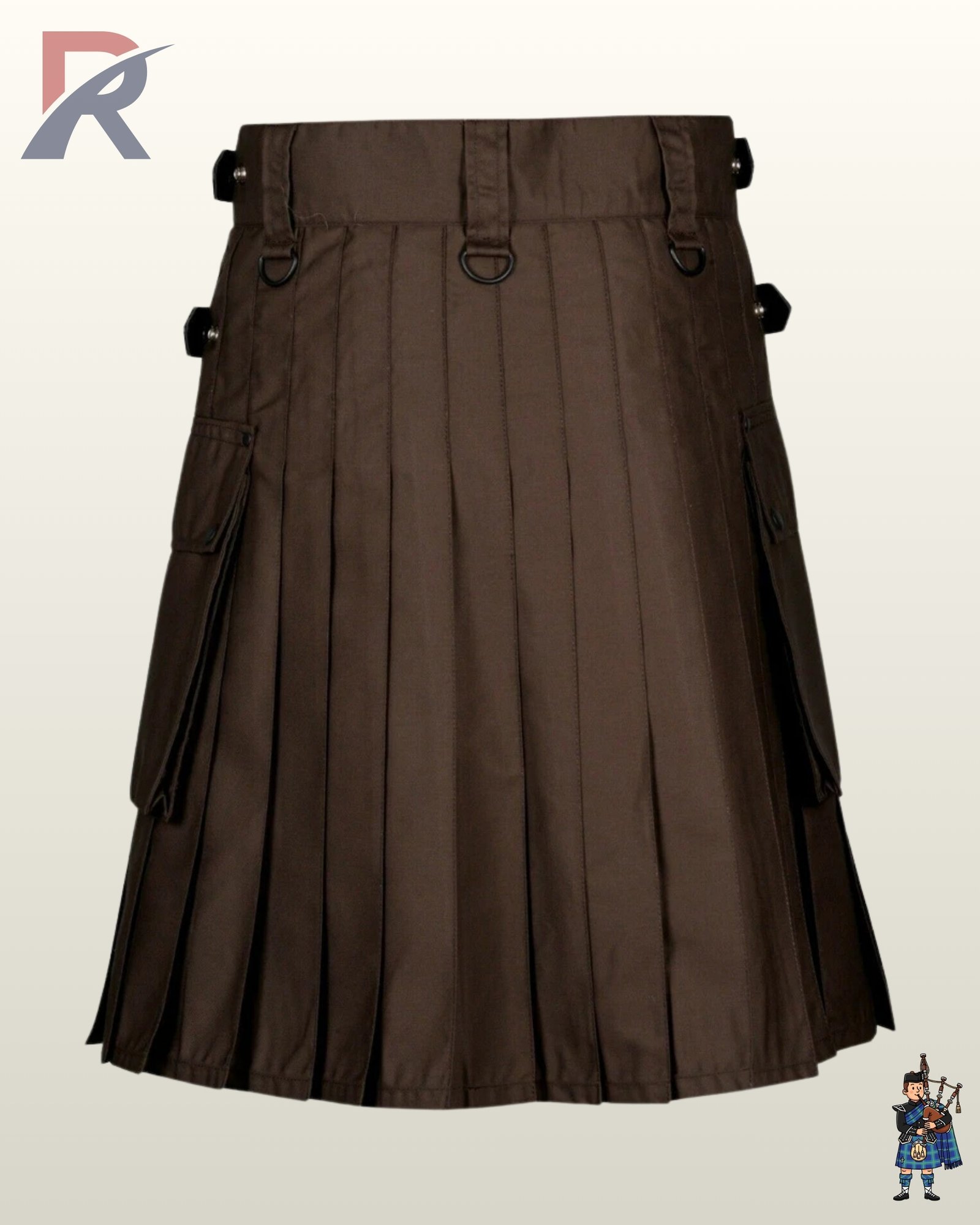 Back profile of a men's chocolate brown work kilt styled with waistband D-rings and side pockets.