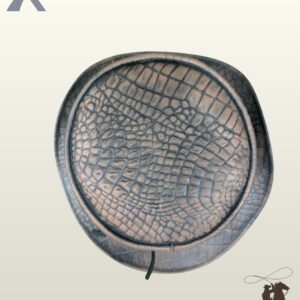 Overhead top view of a steampunk top hat made from brown crocodile embossed genuine leather with a rolled brim edge.