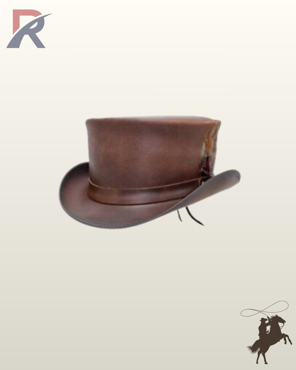 Classic victorian style brown leather top hat with a subtle luster finish, curved brim, and delicate side feather plume.