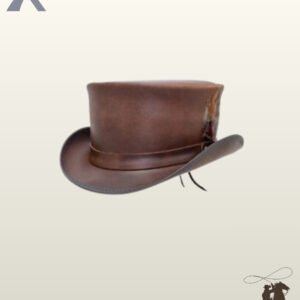 Classic victorian style brown leather top hat with a subtle luster finish, curved brim, and delicate side feather plume.