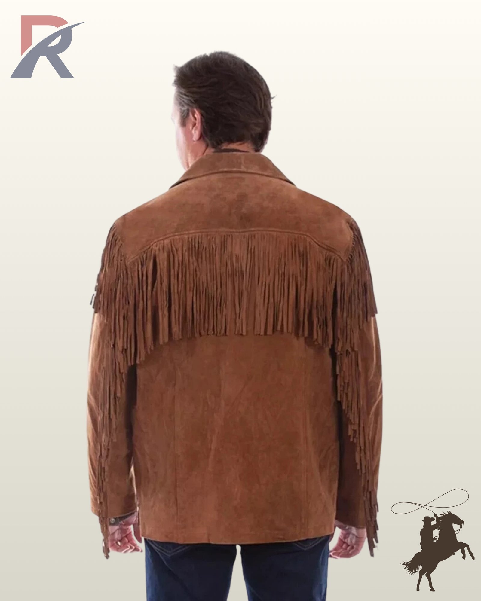 Rear view of a model wearing a men's cognac brown suede western jacket featuring a straight fringed back yoke and long sleeve fringe.