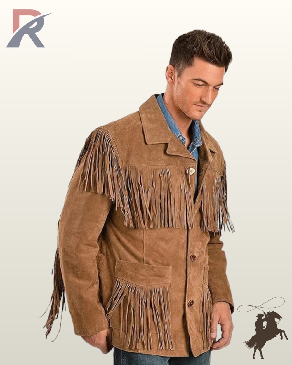 Side profile of a classic men's tan suede cowboy coat showing structured shoulder seams, back fringe trim, and casual denim.