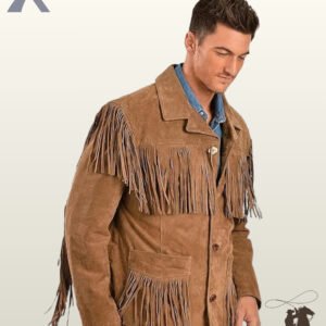 Side profile of a classic men's tan suede cowboy coat showing structured shoulder seams, back fringe trim, and casual denim.