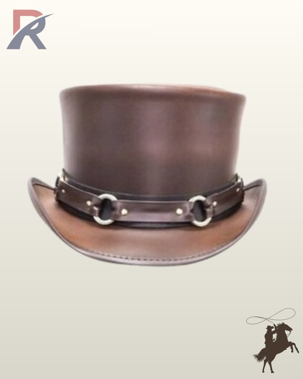 Front view of a brown leather steampunk top hat featuring a dual-layer brown and black leather band with silver O-rings.