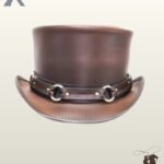 Front view of a brown leather steampunk top hat featuring a dual-layer brown and black leather band with silver O-rings.