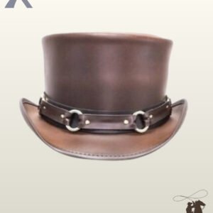 Front view of a brown leather steampunk top hat featuring a dual-layer brown and black leather band with silver O-rings.