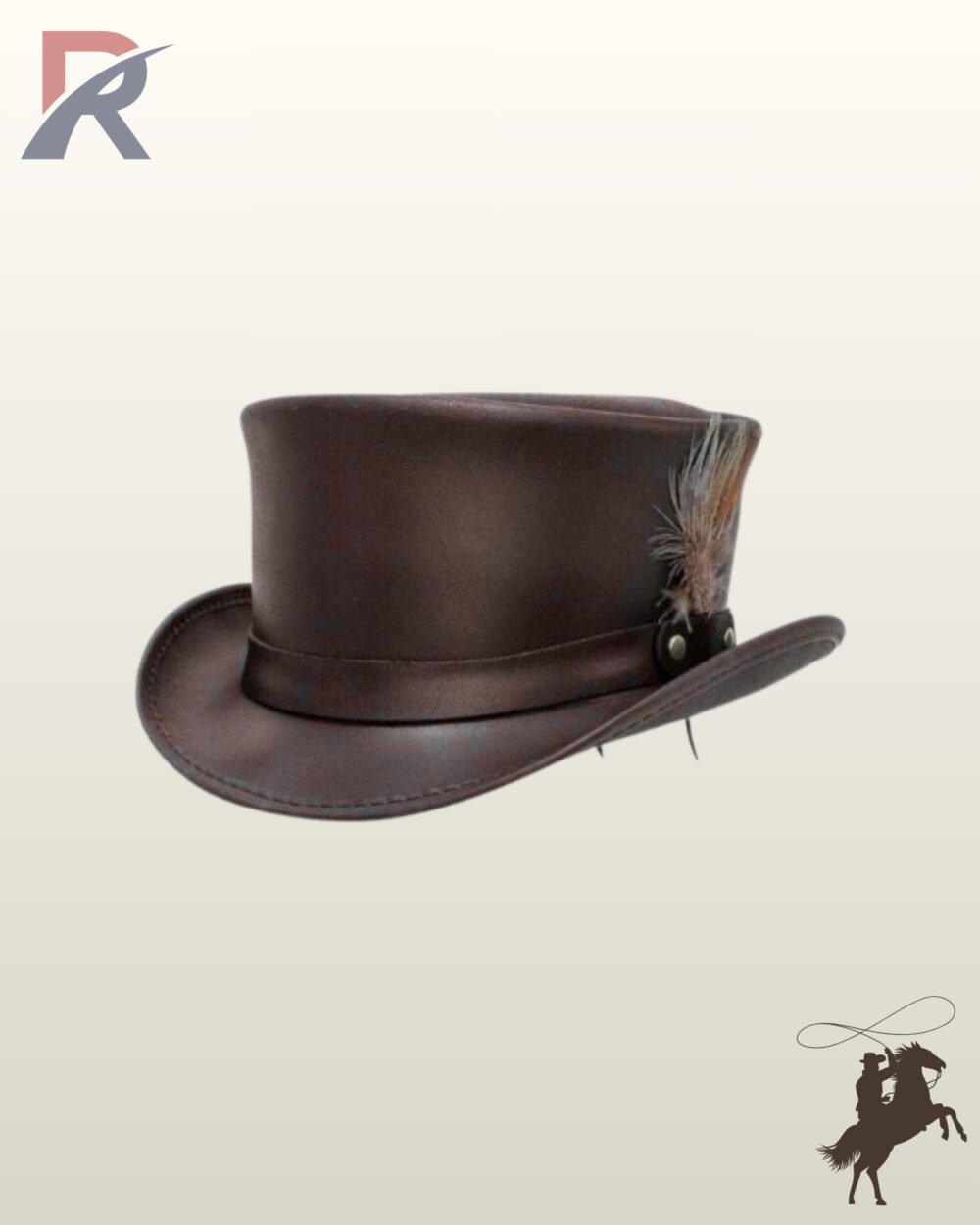 Three-quarter angled view of a brown leather steampunk top hat featuring a side feather accent attached to a matching leather hatband with metal studs.