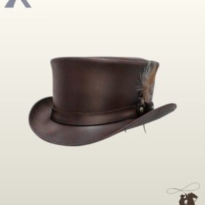Three-quarter angled view of a brown leather steampunk top hat featuring a side feather accent attached to a matching leather hatband with metal studs.