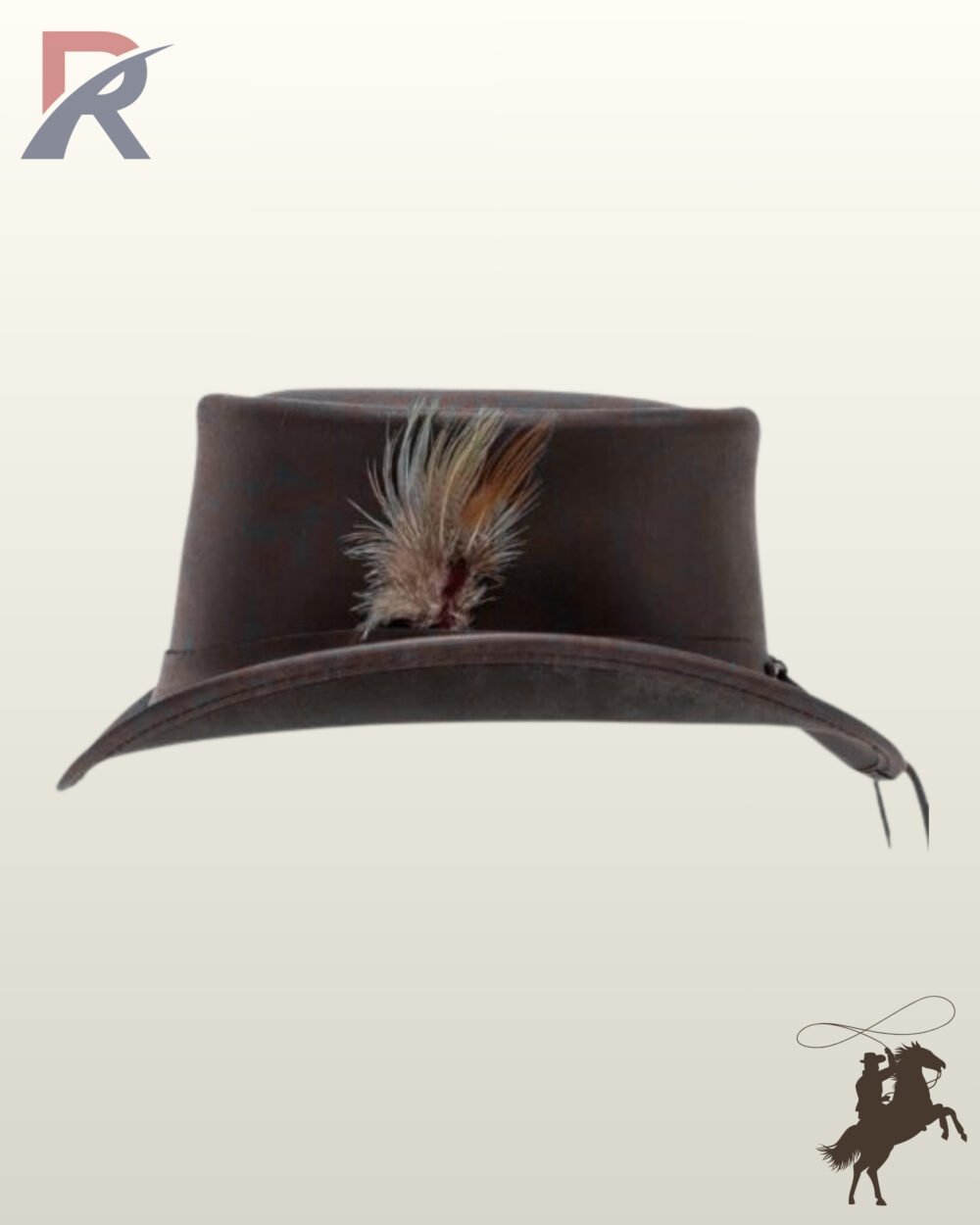 front profile view of a brown leather steampunk top hat showcasing a natural feather plume, stitched brim edge, and rear hatband cord ties.