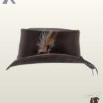 front profile view of a brown leather steampunk top hat showcasing a natural feather plume, stitched brim edge, and rear hatband cord ties.
