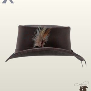 front profile view of a brown leather steampunk top hat showcasing a natural feather plume, stitched brim edge, and rear hatband cord ties.