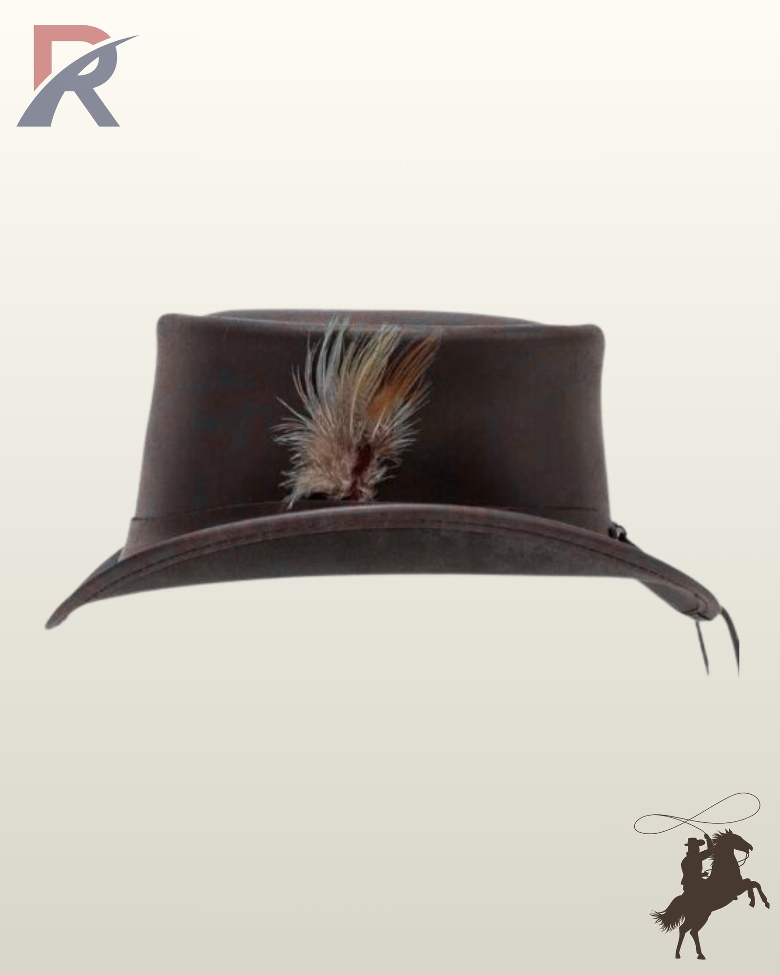 front profile view of a brown leather steampunk top hat showcasing a natural feather plume, stitched brim edge, and rear hatband cord ties.
