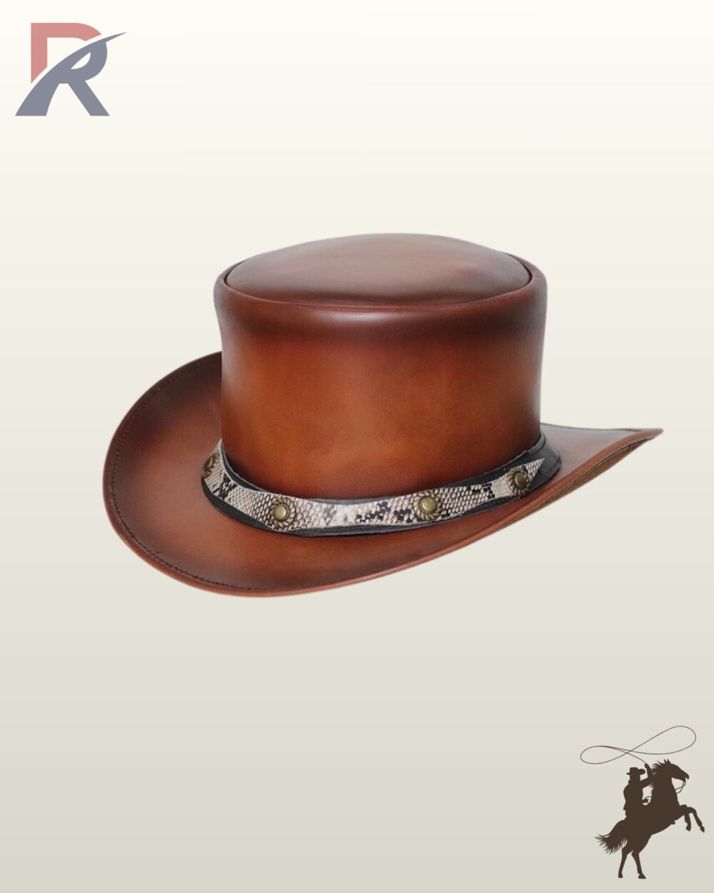 Three-quarter angled view of a cognac brown leather steampunk top hat featuring a python snakeskin hatband embellished with antiqued brass conchos.