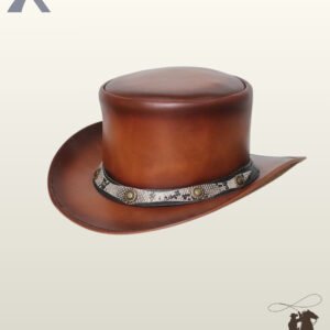 Three-quarter angled view of a cognac brown leather steampunk top hat featuring a python snakeskin hatband embellished with antiqued brass conchos.