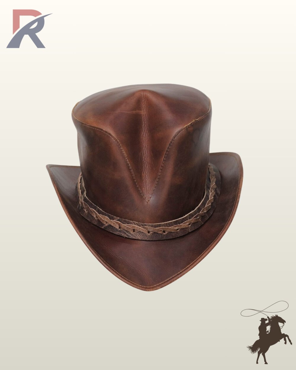 Handcrafted vintage brown leather western hat displaying a tall pinched crown, curved side brims, and a textured braided trim band.